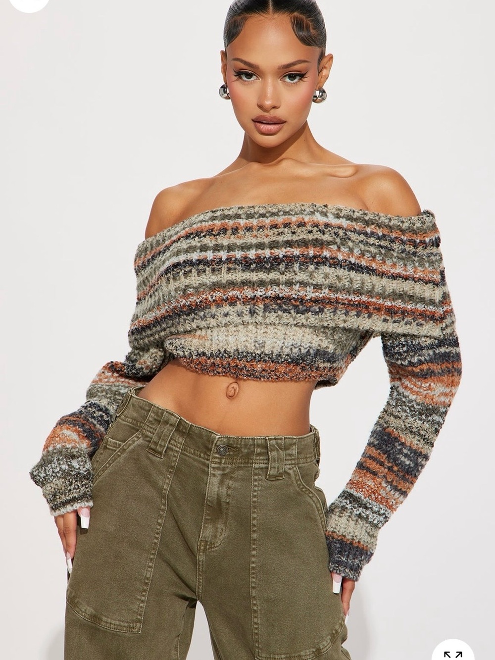 Fashion Nova Olive Multi Striped Off-Shoulder Cropped Sweater